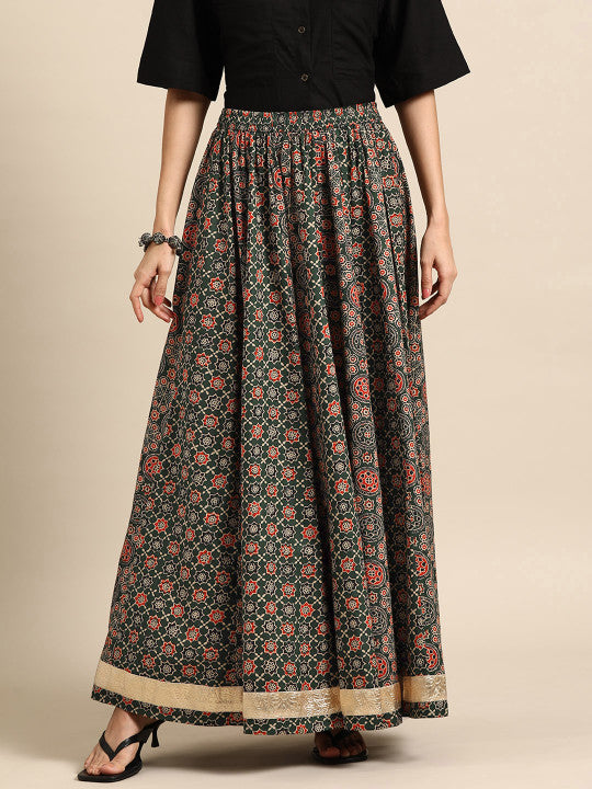 Floral Printed Pure Cotton Flared Maxi Skirt-9