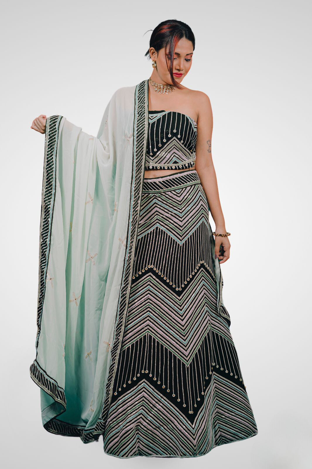 Embellished Sequined & Stones Work Semi-Stitched Lehenga & Unstitched Blouse With Dupatta-3