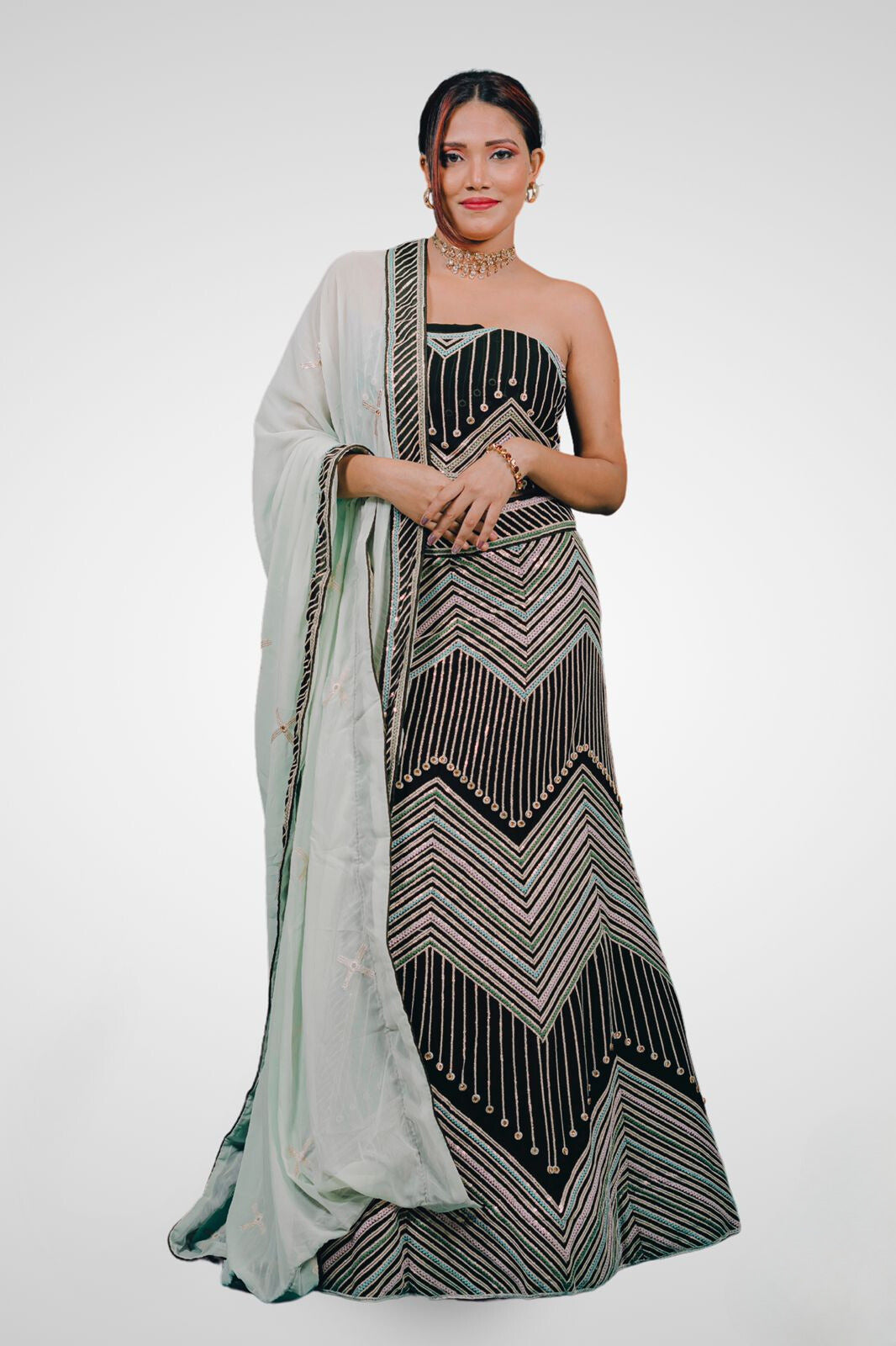 Embellished Sequined & Stones Work Semi-Stitched Lehenga & Unstitched Blouse With Dupatta-1
