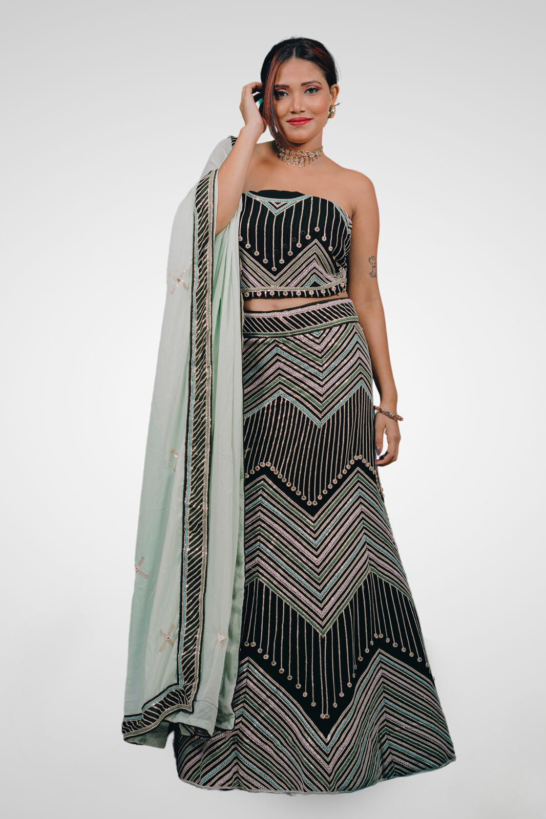 Embellished Sequined & Stones Work Semi-Stitched Lehenga & Unstitched Blouse With Dupatta-2