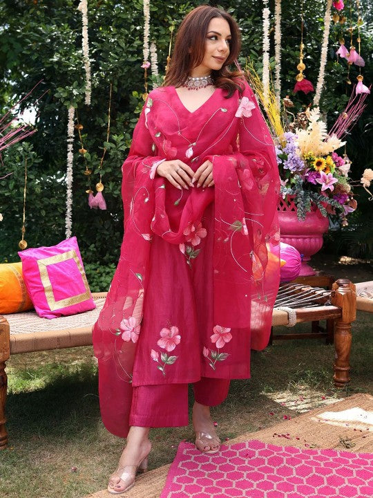 Floral Printed V-Neck Straight Kurta With Palazzos And Dupatta-2