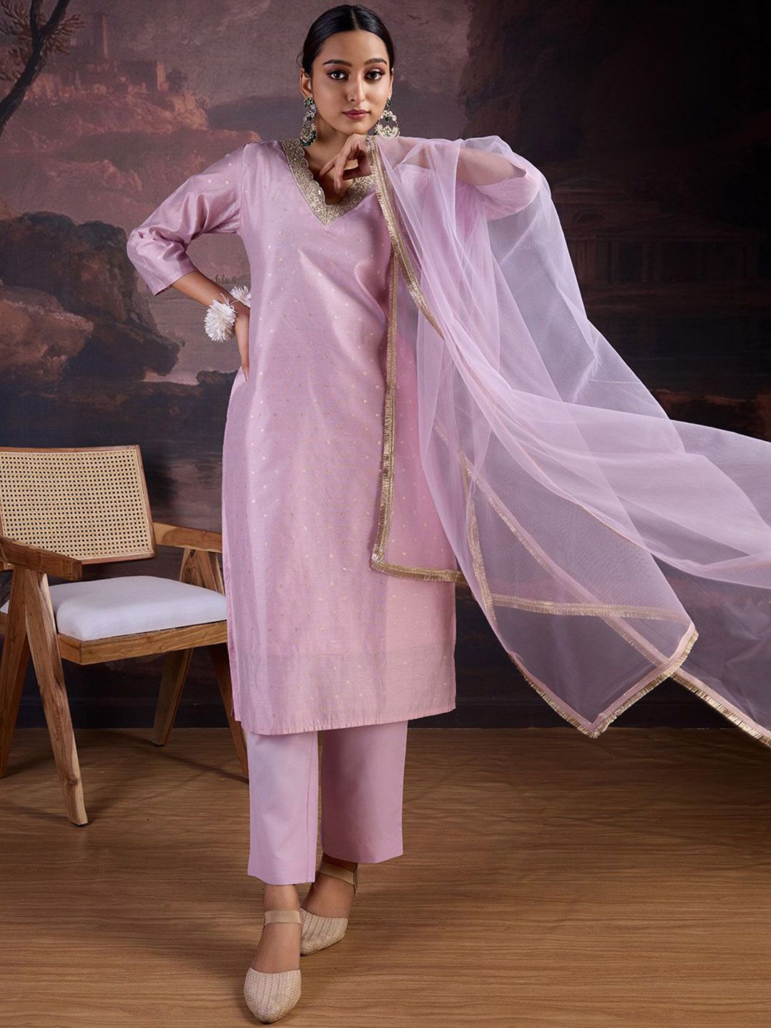 Floral Woven Design V-Neck Straight Kurta With Trouser & Dupatta-10