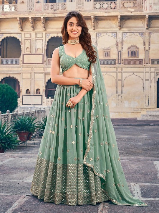 Embroidered Sequinned Semi-Stitched Lehenga & Unstitched Blouse With Dupatta