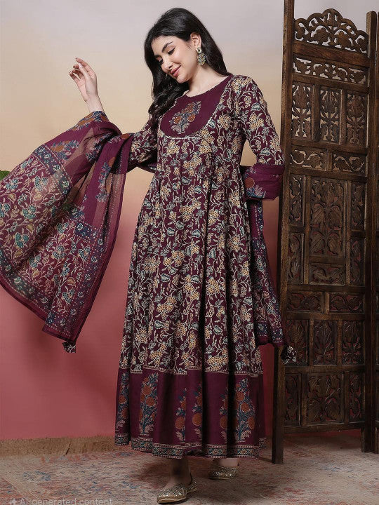 Women Burgundy Pure Cotton Kurta Sets-3