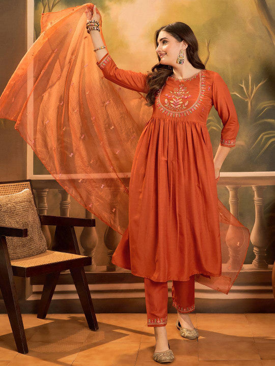 White Floral Embroidered Silk Blend A-Line Kurta With Trousers And Dupatta-12