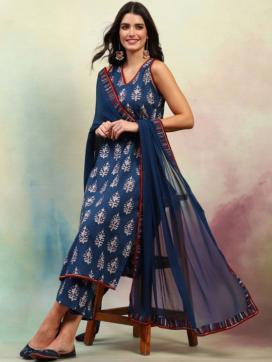 Ethnic Motifs Printed Regular Pure Cotton Straight Kurta with Palazzos & Dupatta