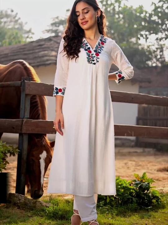 Floral Embroidered V-Neck A-Line Pure Cotton Kurta WIth Trousers-6