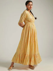 Yellow Printed Cotton Embellished Flared Maxi Dress
