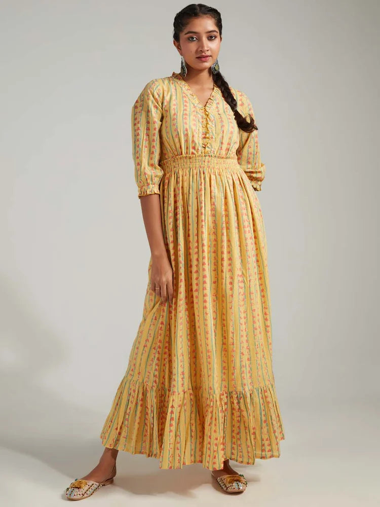 Yellow Printed Cotton Embellished Flared Maxi Dress