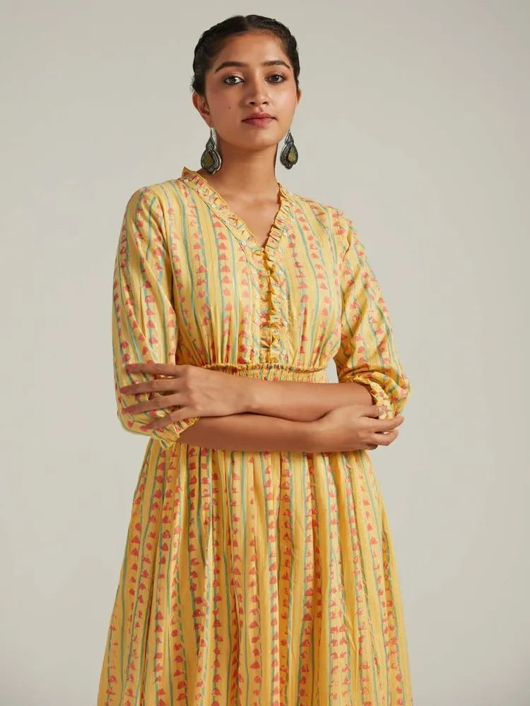 Yellow Printed Cotton Embellished Flared Maxi Dress