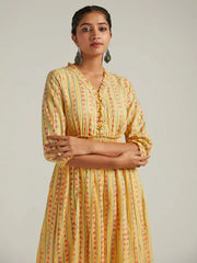 Yellow Printed Cotton Embellished Flared Maxi Dress