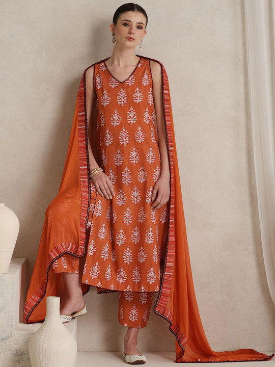 Ethnic Motifs Printed Regular Pure Cotton Straight Kurta with Palazzos & Dupatta-12