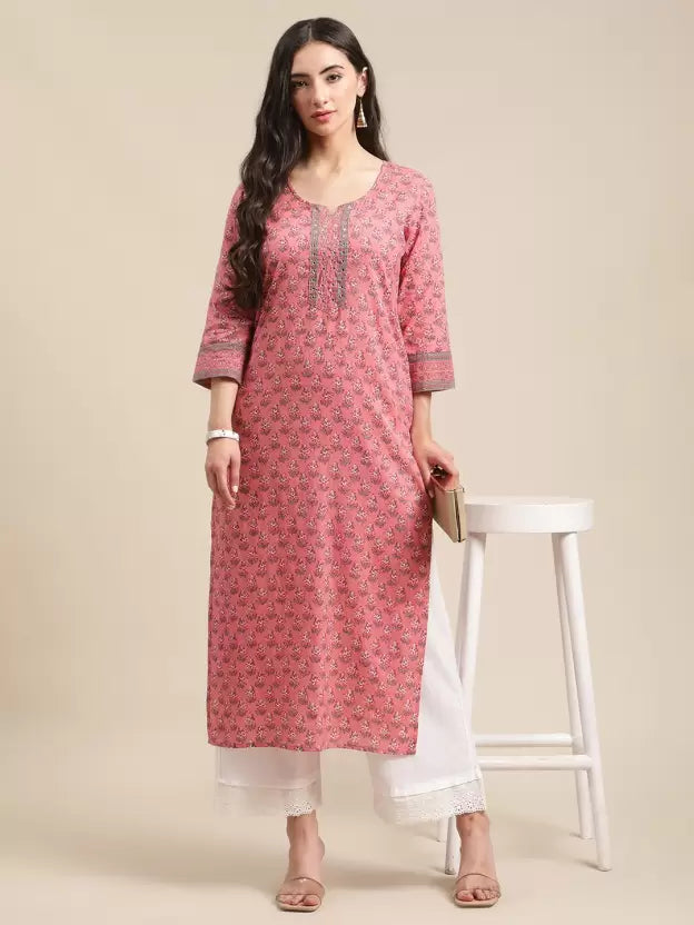 Floral Design Sequence worked Pink Straight Kurti