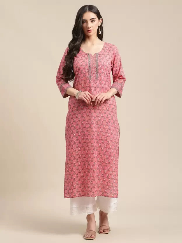 Floral Design Sequence worked Pink Straight Kurti