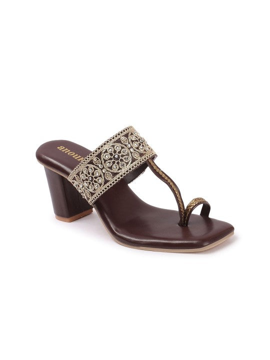 Women Floral Textured Ethnic Block Heels Sandals-7