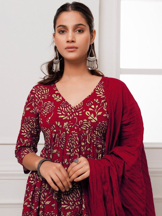 Floral Printed Anarkali Kurta with Trousers & Dupatta-3