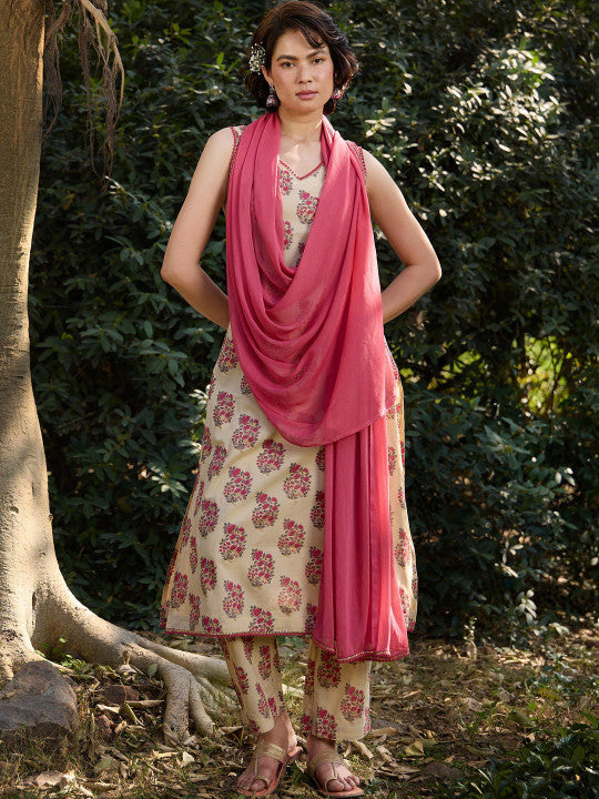 Ethnic Motifs Printed Regular Pure Cotton Straight Kurta with Palazzos & Dupatta-18