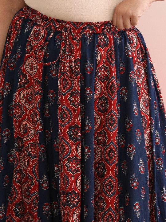 Ethnic Printed Cotton Flared Plus Size Maxi Skirts-4