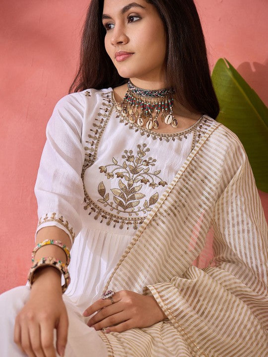 White Floral Embroidered Silk Blend A-Line Kurta With Trousers And Dupatta-5