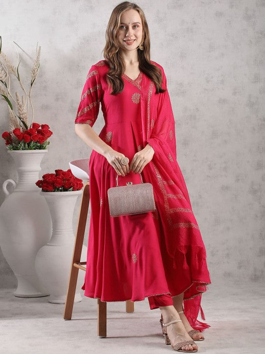 Floral Printed Anarkali Kurta With Trousers & Dupatta