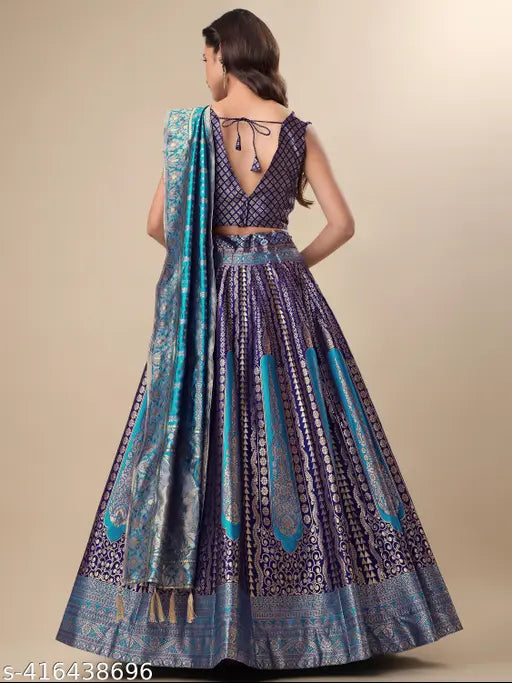 Navy Blue Lehenga & Unstitched Blouse With Dupatta-2