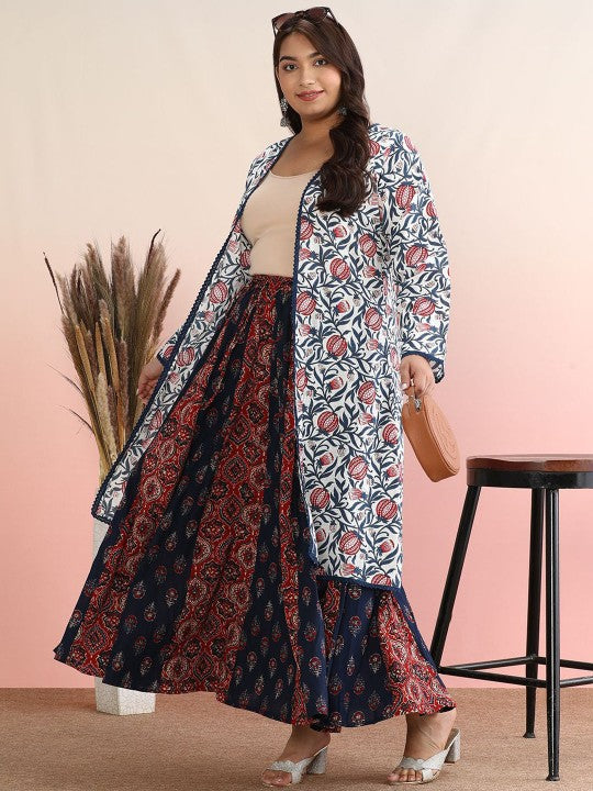 Ethnic Printed Cotton Flared Plus Size Maxi Skirts-5