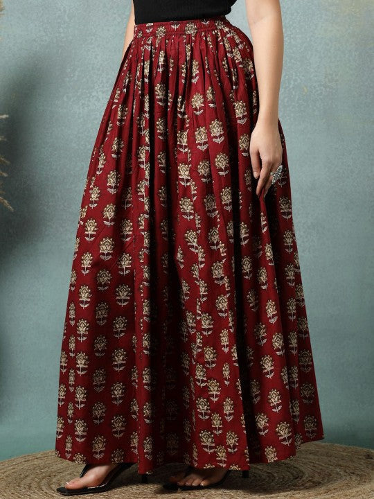 Floral Printed Cotton Flared Maxi Skirt-3