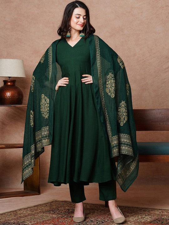 V-Neck Anarkali Kurta with Trousers & Dupatta-1