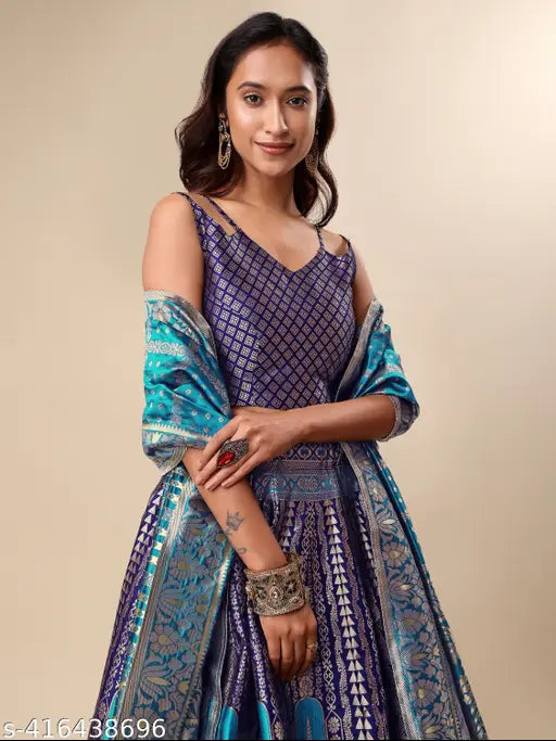 Navy Blue Lehenga & Unstitched Blouse With Dupatta-3