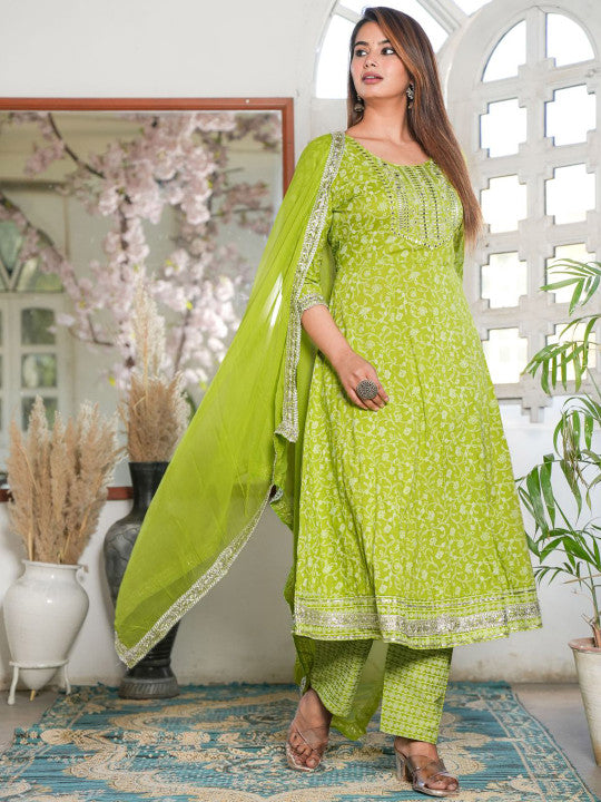 Floral Printed Mirror Work Anarkali Kurta & Trousers With Dupatta-18