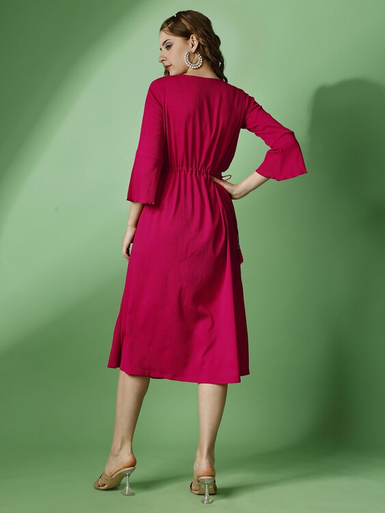 Raisin Women Pink Solid Polyester Fit And Flare Dress