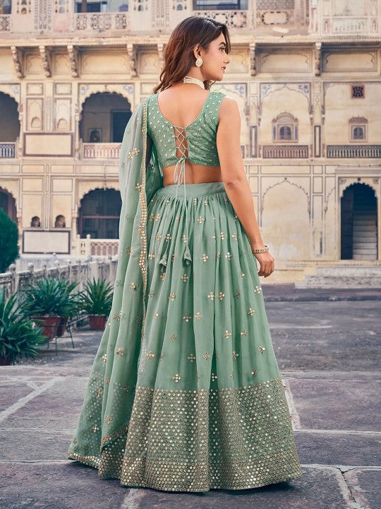 Embroidered Sequinned Semi-Stitched Lehenga & Unstitched Blouse With Dupatta