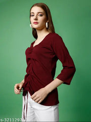 Women's Maroon Polyester Casual Regular Top With V-Neck & Three-Quarter Sleeves