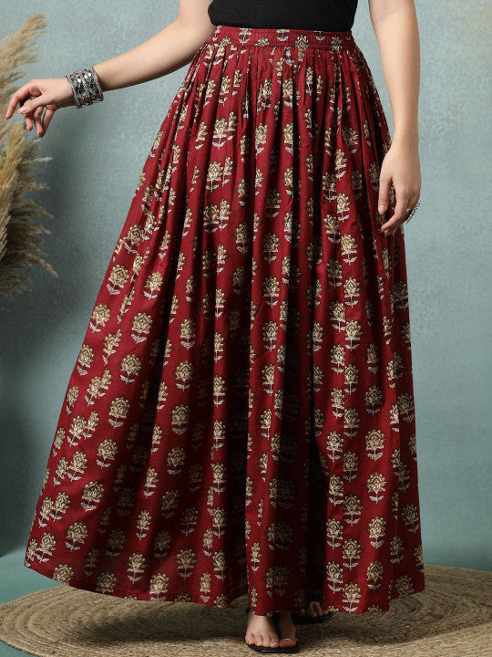 Floral Printed Cotton Flared Maxi Skirt-1