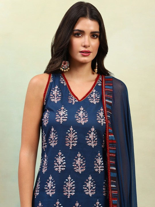 Ethnic Motifs Printed Regular Pure Cotton Straight Kurta with Palazzos & Dupatta-3