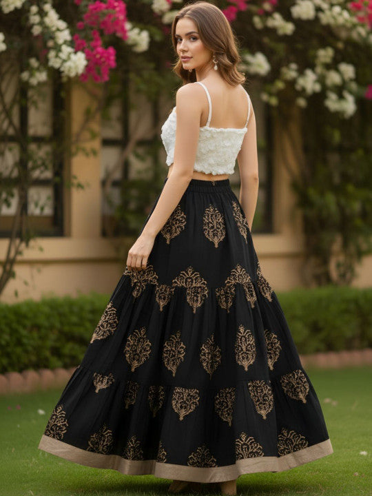 Printed Pure Cotton Maxi Flared Skirts-2