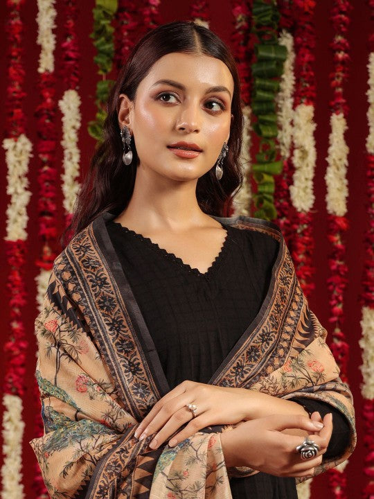 Black & Orange Self Design V-Neck Cotton Anarkali Kurta with Trousers & Dupatta-2