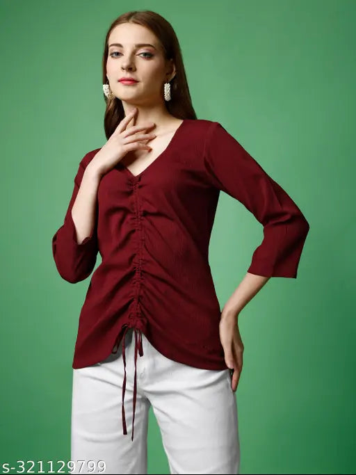 Women's Maroon Polyester Casual Regular Top With V-Neck & Three-Quarter Sleeves