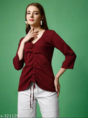 Women's Maroon Polyester Casual Regular Top With V-Neck & Three-Quarter Sleeves