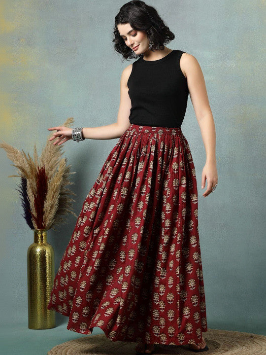 Women Pure Cotton Blend Cotton Cambric Floral Maxi Flared Skirt