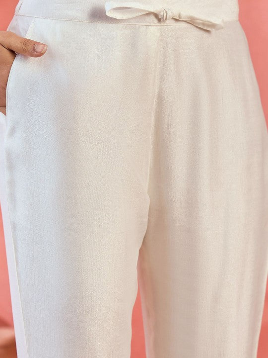White Floral Embroidered Silk Blend A-Line Kurta With Trousers And Dupatta-6