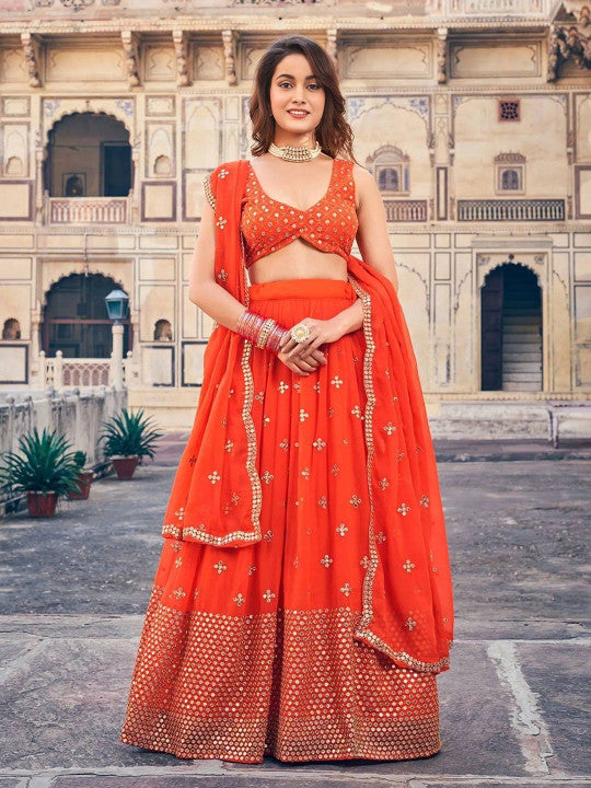 Embroidered Sequinned Semi-Stitched Lehenga & Unstitched Blouse With Dupatta-11