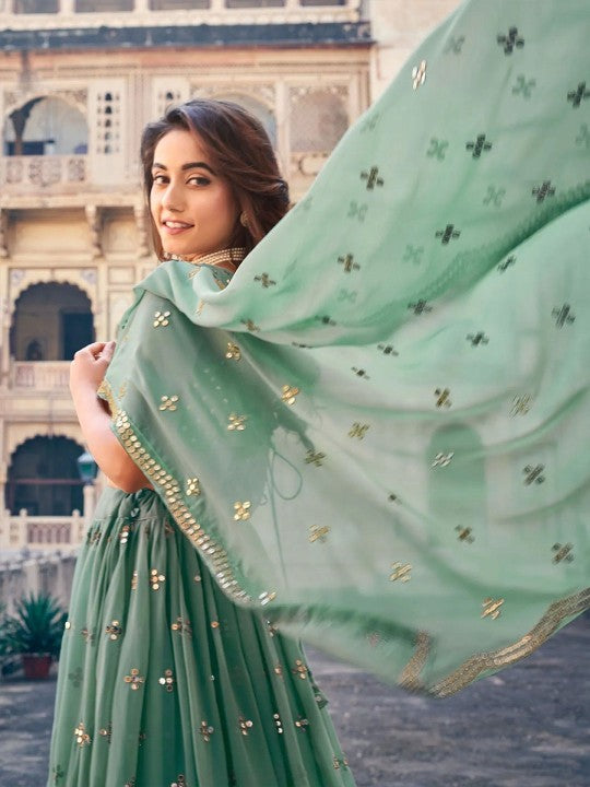 Embroidered Sequinned Semi-Stitched Lehenga & Unstitched Blouse With Dupatta
