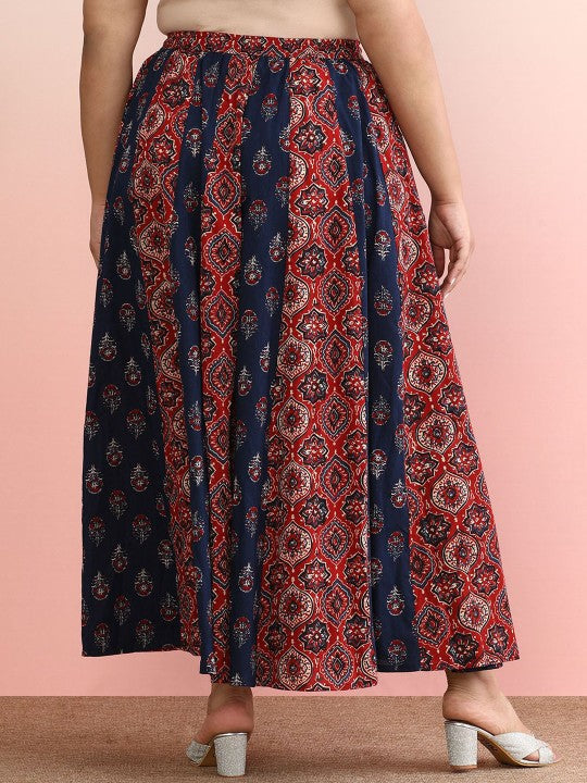 Ethnic Printed Cotton Flared Plus Size Maxi Skirts-7