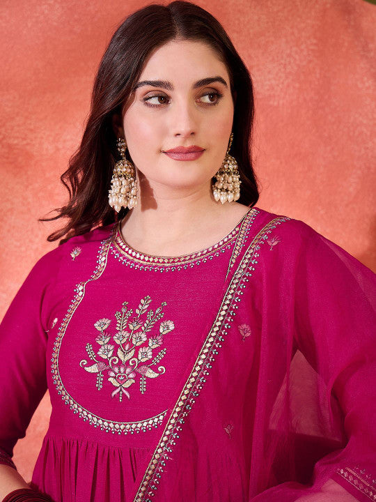 White Floral Embroidered Silk Blend A-Line Kurta With Trousers And Dupatta-10