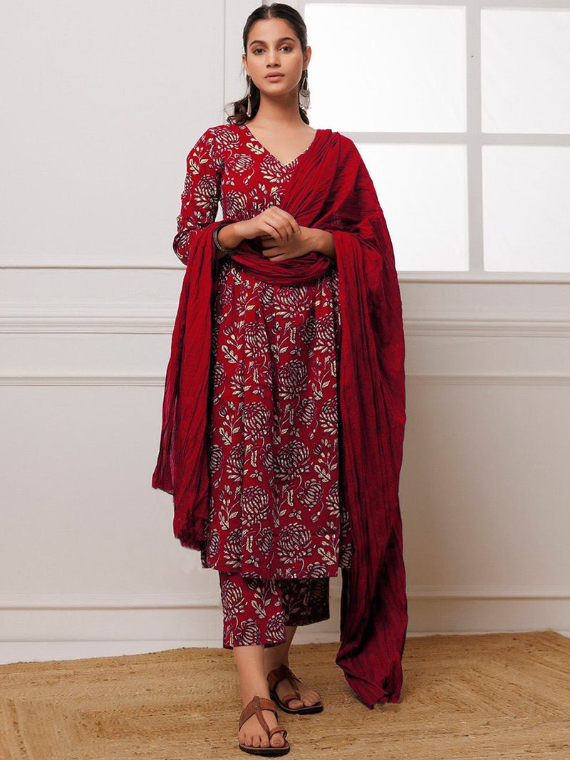 Floral Printed Anarkali Kurta with Trousers & Dupatta-1