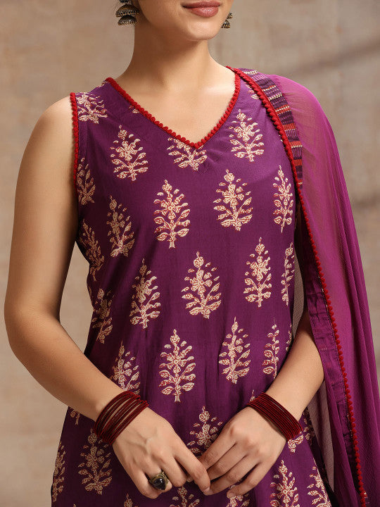 Ethnic Motifs Printed Regular Pure Cotton Straight Kurta with Palazzos & Dupatta-14