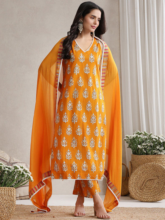 Ethnic Motifs Printed Regular Pure Cotton Straight Kurta with Palazzos & Dupatta-17