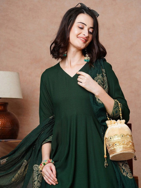 V-Neck Anarkali Kurta with Trousers & Dupatta-2