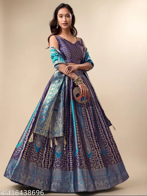 Navy Blue Lehenga & Unstitched Blouse With Dupatta-1